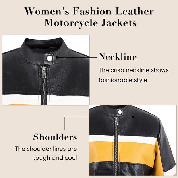 Women Cropped Faux Leather Jacket Moto Biker Bomber Jackets Zip Up Black Yellow - Picture 5 of 7